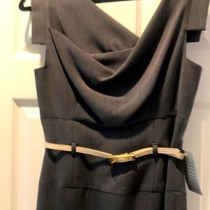 Size 4 dress from Black Halo , midi length grey with off white belt .